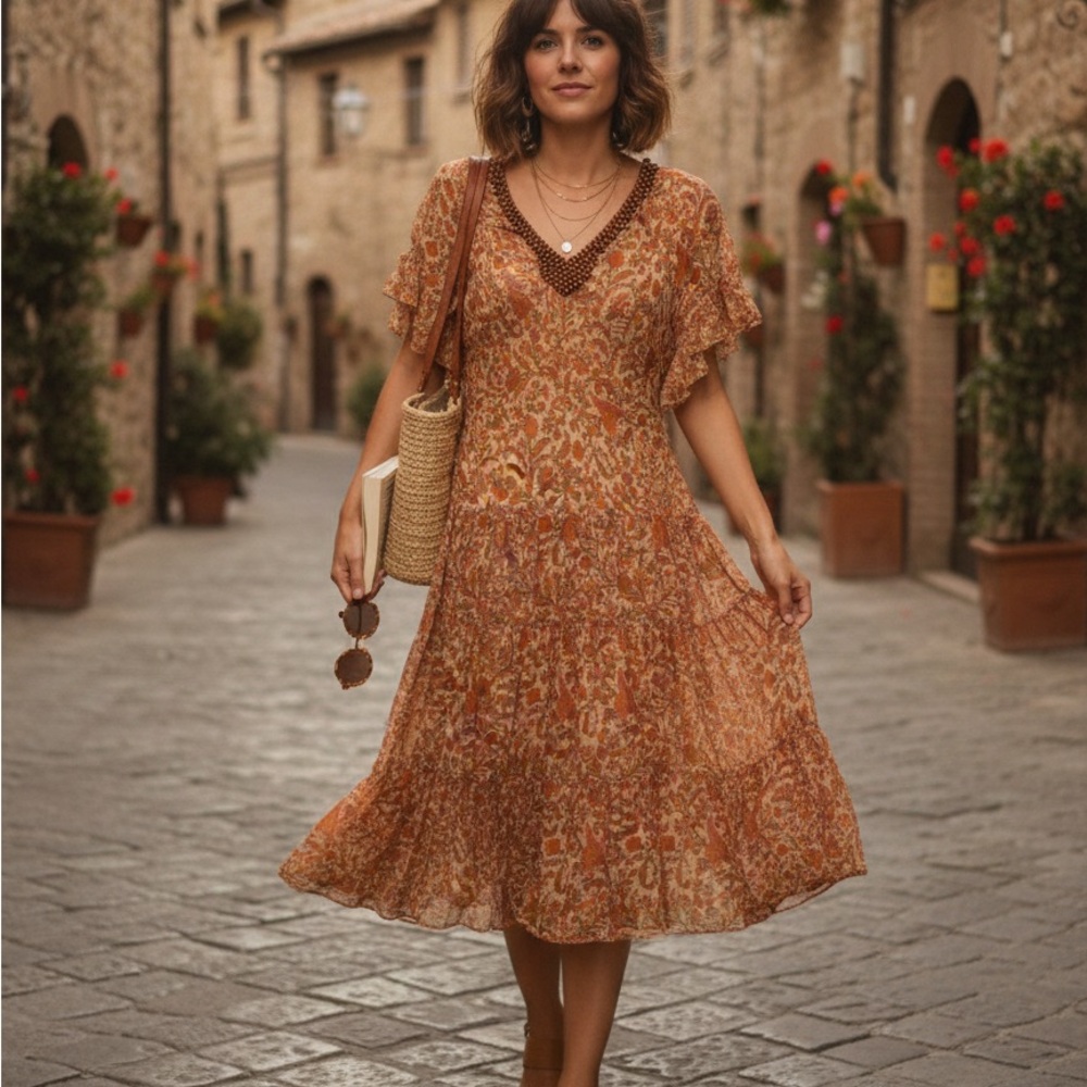 Adrianna Papell Orange and Brown Midi Dress vintage Size 6 100% Silk & poliéster - Picture 2 of 16